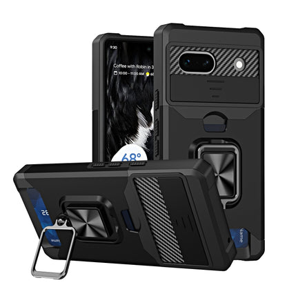 For Google Pixel 7a Camera Shield Card Slot Phone Case with Ring Holder(Black) - Google Cases by buy2fix | Online Shopping UK | buy2fix