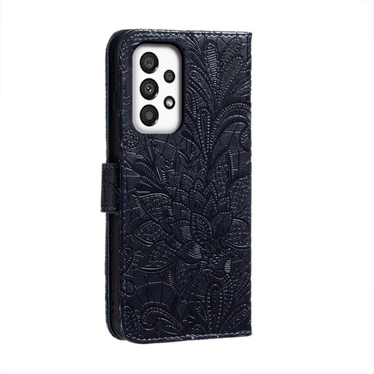 For Samsung Galaxy A34 5G Lace Flower Embossing Flip Leather Phone Case(Dark Blue) - Galaxy Phone Cases by buy2fix | Online Shopping UK | buy2fix