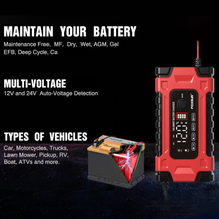 FOXSUR 12V / 24V / 10A Car / Motorcycle Battery Smart Repair Lead-acid Battery Charger, Plug Type:UK Plug - Battery Charger by FOXSUR | Online Shopping UK | buy2fix