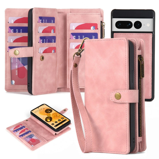 For Google Pixel 7 Pro Zipper Wallet Detachable MagSafe Leather Phone Case(Pink) - Google Cases by buy2fix | Online Shopping UK | buy2fix