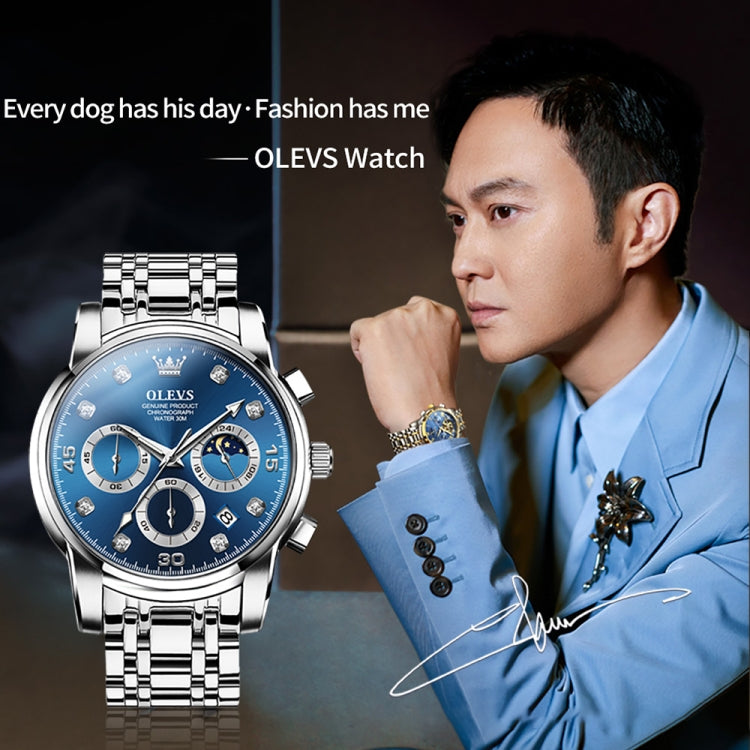 OLEVS 2889 Men Multifunctional Luminous Waterproof Quartz Watch(Blue) - Metal Strap Watches by OLEVS | Online Shopping UK | buy2fix