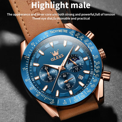 OLEVS 9957 Men Luminous Waterproof Leather Strap Quartz Watch(Coffee + Rose Gold) - Leather Strap Watches by OLEVS | Online Shopping UK | buy2fix