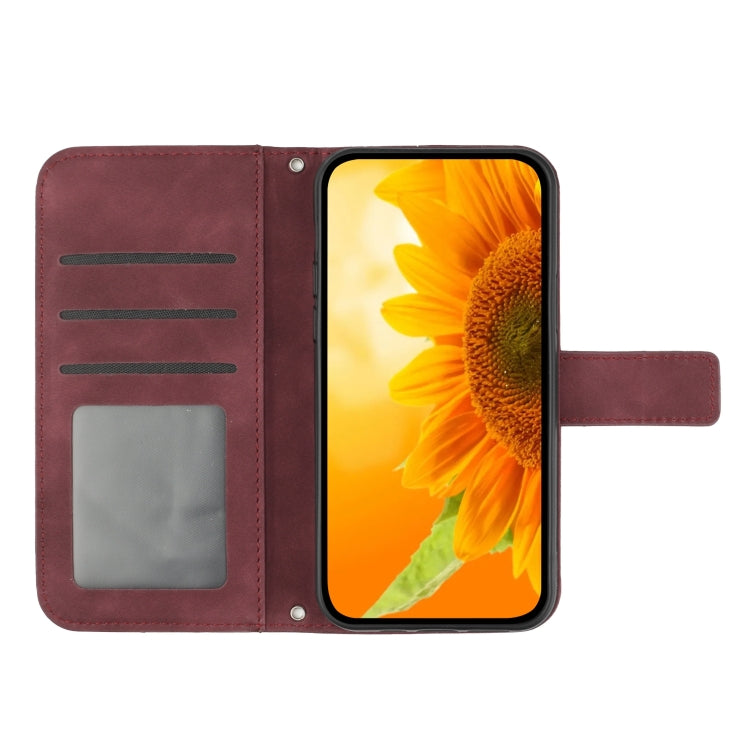 For iPhone 15 Skin Feel Sun Flower Embossed Flip Leather Phone Case with Lanyard(Wine Red) - iPhone 15 Cases by buy2fix | Online Shopping UK | buy2fix