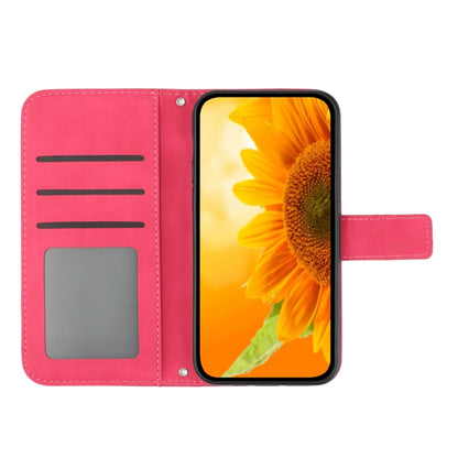 For iPhone 15 Plus Skin Feel Sun Flower Embossed Flip Leather Phone Case with Lanyard(Rose Red) - iPhone 15 Plus Cases by buy2fix | Online Shopping UK | buy2fix