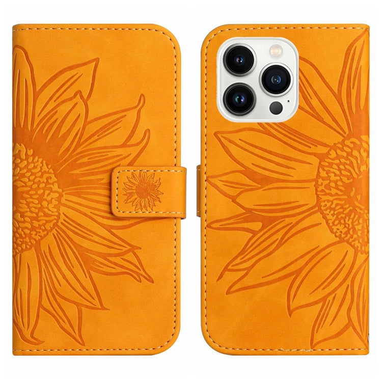 For iPhone 15 Pro Max Skin Feel Sun Flower Embossed Flip Leather Phone Case with Lanyard(Yellow) - iPhone 15 Pro Max Cases by buy2fix | Online Shopping UK | buy2fix