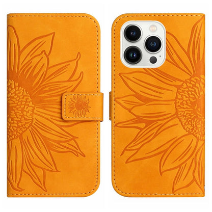 For iPhone 15 Pro Max Skin Feel Sun Flower Embossed Flip Leather Phone Case with Lanyard(Yellow) - iPhone 15 Pro Max Cases by buy2fix | Online Shopping UK | buy2fix