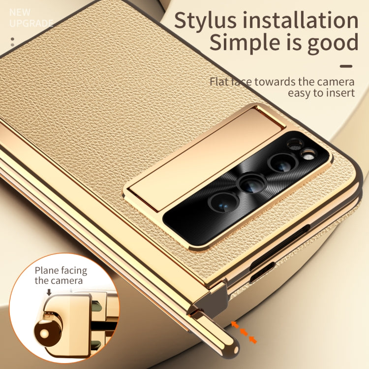 For Google Pixel Fold Litchi Pattern Electroplating Pen Slot Folding Phone Case with Stylus(Gold) - Google Cases by buy2fix | Online Shopping UK | buy2fix