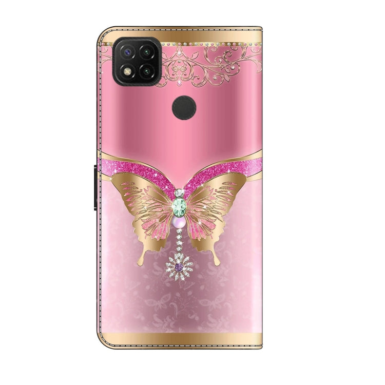 For Xiaomi Redmi 9C Crystal 3D Shockproof Protective Leather Phone Case(Pink Bottom Butterfly) - Xiaomi Cases by buy2fix | Online Shopping UK | buy2fix