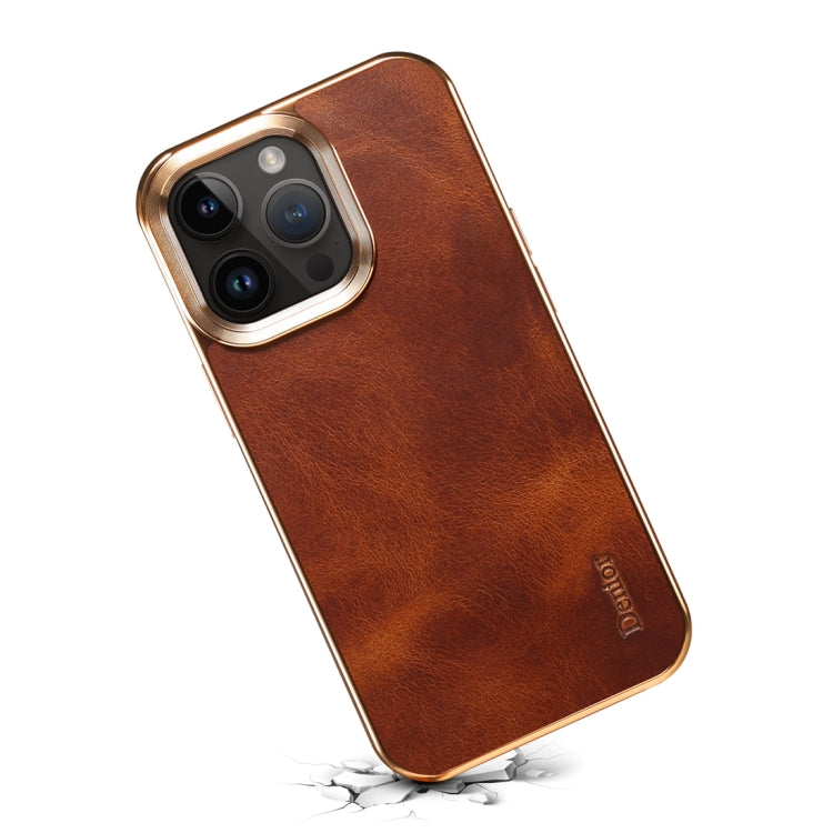 For iPhone 14 Plus Denior Oil Wax Cowhide Plating Phone Case(Brown) - iPhone 14 Plus Cases by Denior | Online Shopping UK | buy2fix