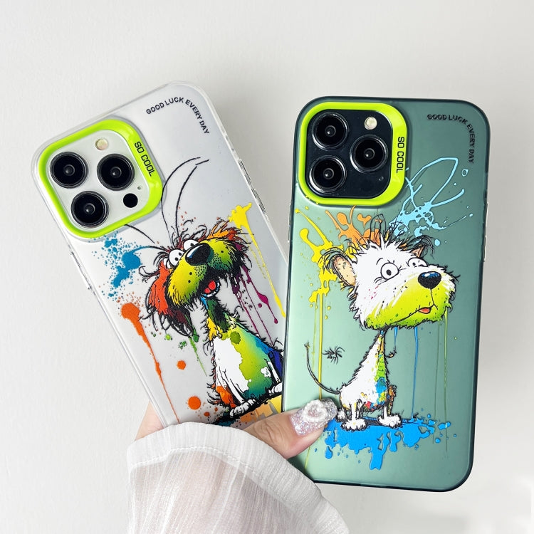 For iPhone 15 Pro Max Double Layer Color Silver Series Animal Oil Painting Phone Case(Green Cat) - iPhone 15 Pro Max Cases by buy2fix | Online Shopping UK | buy2fix