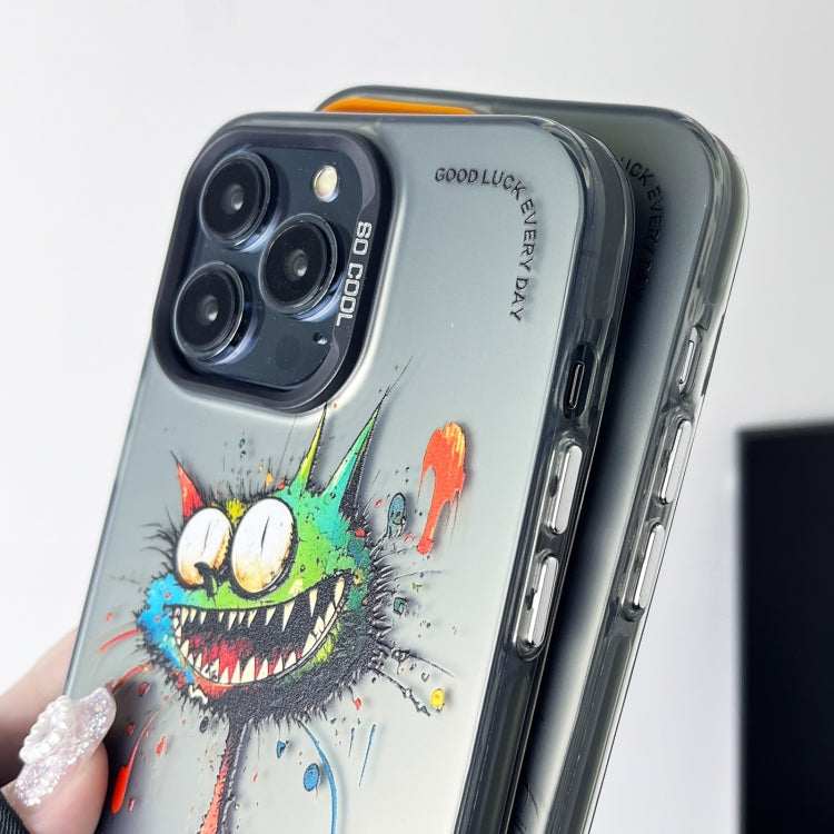 For iPhone 15 Pro Max Double Layer Color Silver Series Animal Oil Painting Phone Case(Green Cat) - iPhone 15 Pro Max Cases by buy2fix | Online Shopping UK | buy2fix