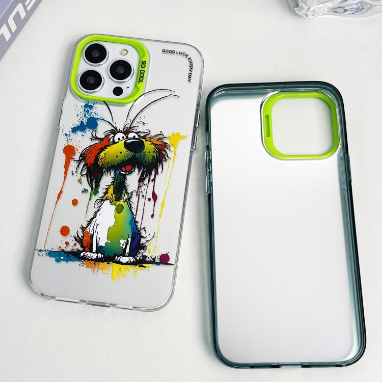 For iPhone 15 Pro Max Double Layer Color Silver Series Animal Oil Painting Phone Case(Green Cat) - iPhone 15 Pro Max Cases by buy2fix | Online Shopping UK | buy2fix