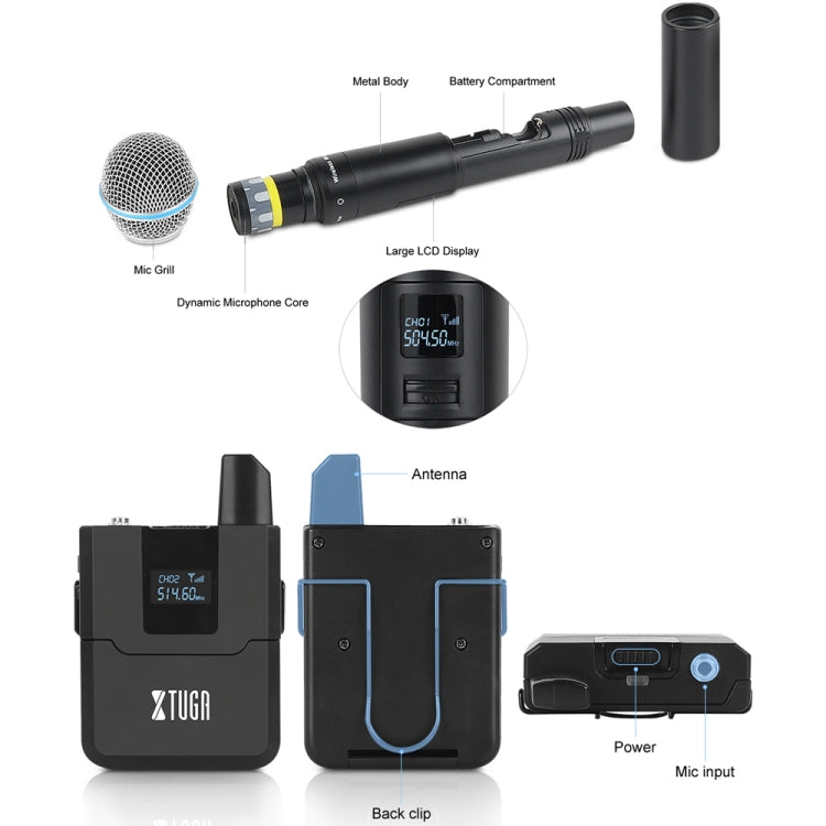 XTUGA A140-B Wireless Microphone System 4 BodyPack Headset Lavalier Microphone(UK Plug) - Microphone by XTUGA | Online Shopping UK | buy2fix