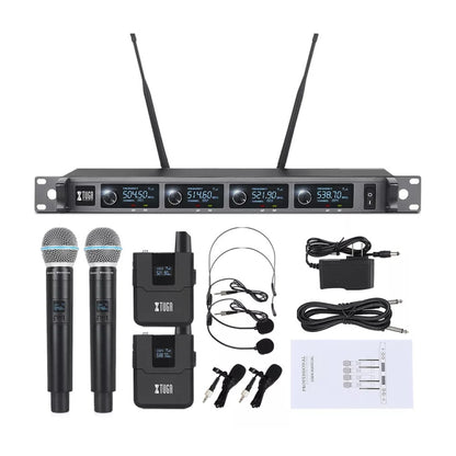 XTUGA A140-HB Wireless Microphone System 4 Channel Handheld Lavalier Headset Microphone(EU Plug) - Microphone by XTUGA | Online Shopping UK | buy2fix