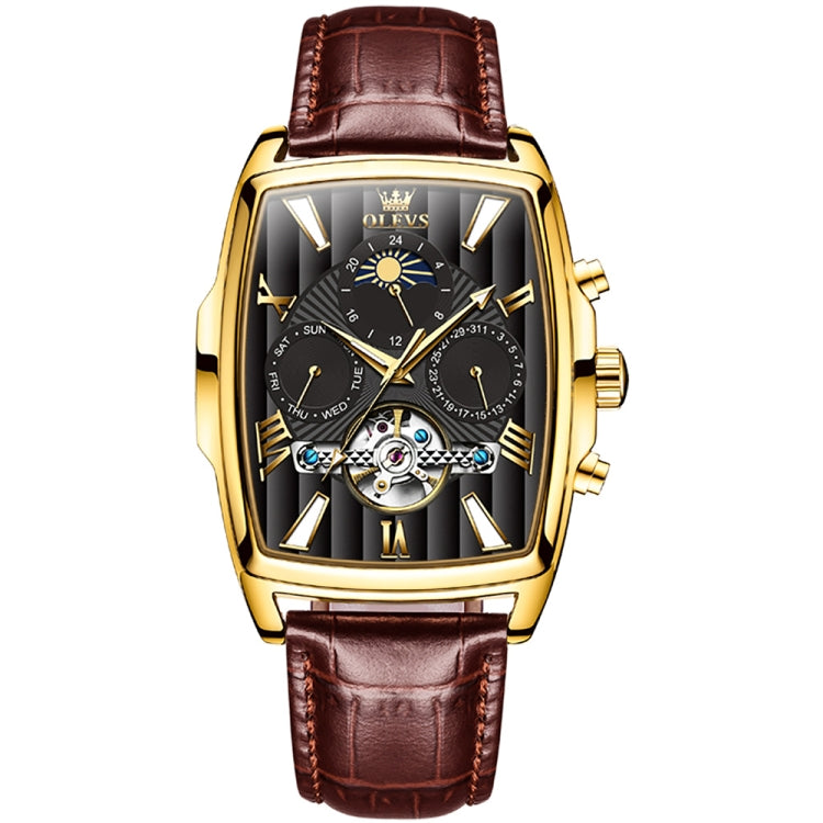 OLEVS 6675 Men Multifunctional Moon Phase Tourbillon Mechanical Watch(Black + Gold) - Leather Strap Watches by OLEVS | Online Shopping UK | buy2fix