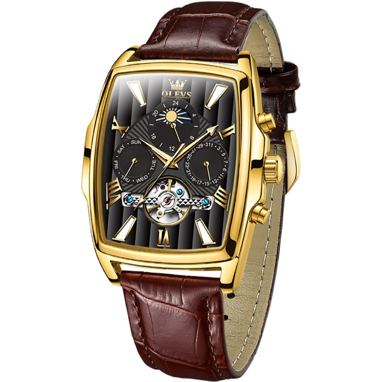 OLEVS 6675 Men Multifunctional Moon Phase Tourbillon Mechanical Watch(Black + Gold) - Leather Strap Watches by OLEVS | Online Shopping UK | buy2fix