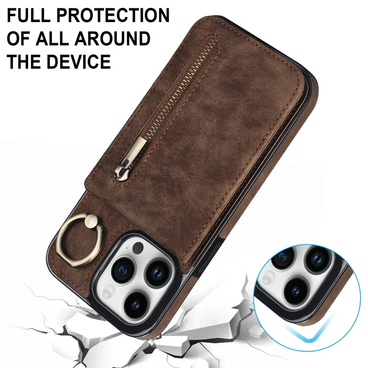 For iPhone 15 Pro Max Retro Ring and Zipper RFID Card Slot Phone Case(Brown) - iPhone 15 Pro Max Cases by buy2fix | Online Shopping UK | buy2fix