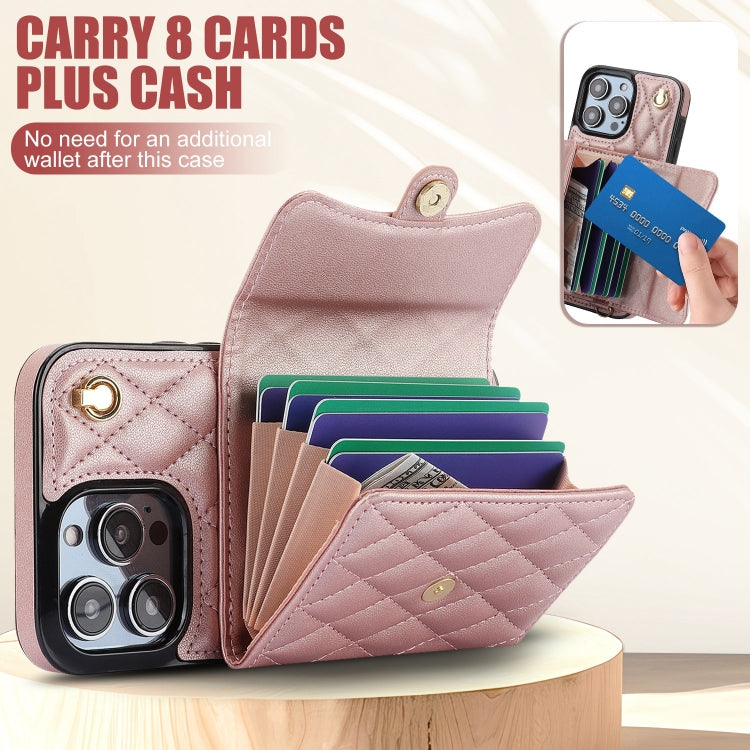 For iPhone 15 Pro Max Crossbody Rhombic Horizontal Wallet Leather Phone Case(Rose Gold) - iPhone 15 Pro Max Cases by buy2fix | Online Shopping UK | buy2fix