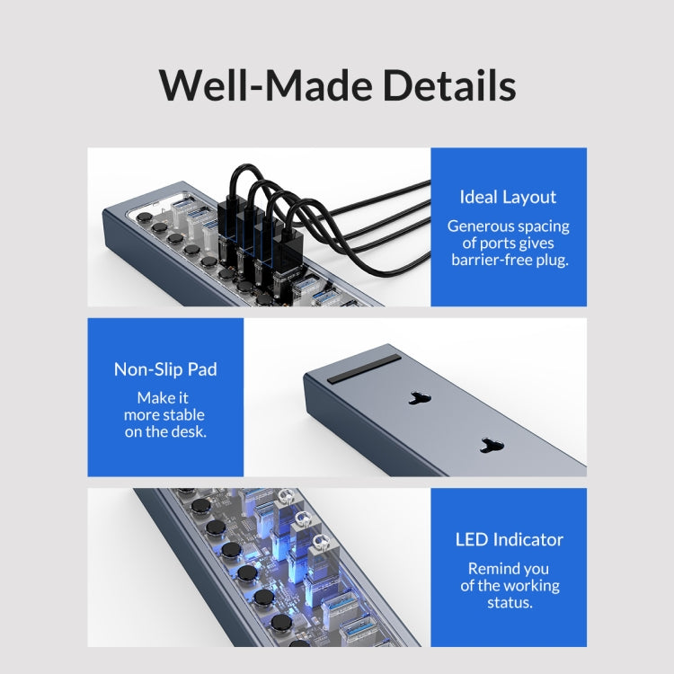 ORICO AT2U3-16AB-GY-BP 16 Ports USB 3.0 HUB with Individual Switches & Blue LED Indicator(UK Plug) - USB 3.0 HUB by ORICO | Online Shopping UK | buy2fix