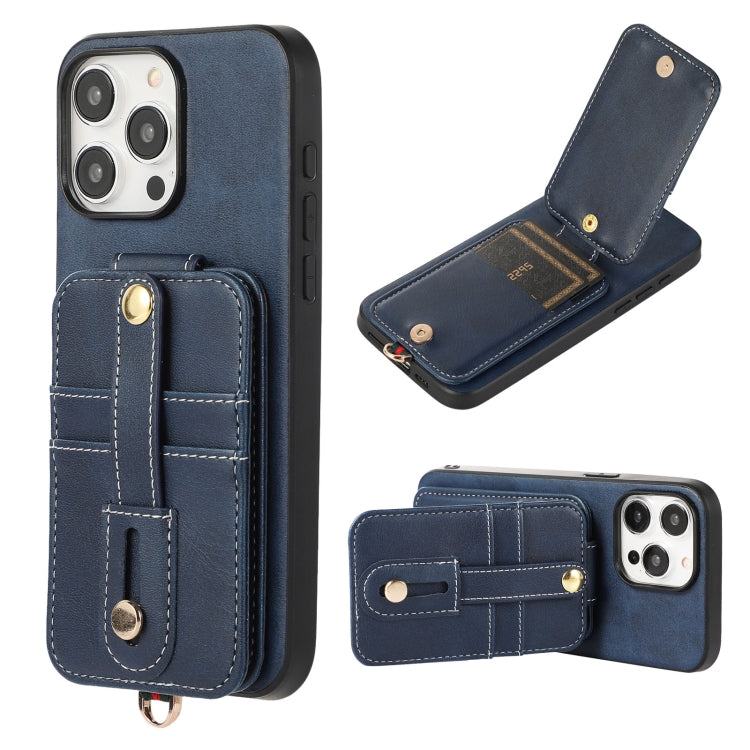 For iPhone 15 Pro Max 02 RFID Card Bag Cowhide Texture PU Phone Case(Blue) - iPhone 15 Pro Max Cases by buy2fix | Online Shopping UK | buy2fix