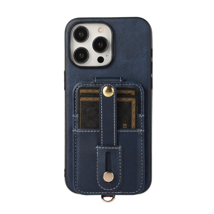 For iPhone 15 Pro Max 02 RFID Card Bag Cowhide Texture PU Phone Case(Blue) - iPhone 15 Pro Max Cases by buy2fix | Online Shopping UK | buy2fix