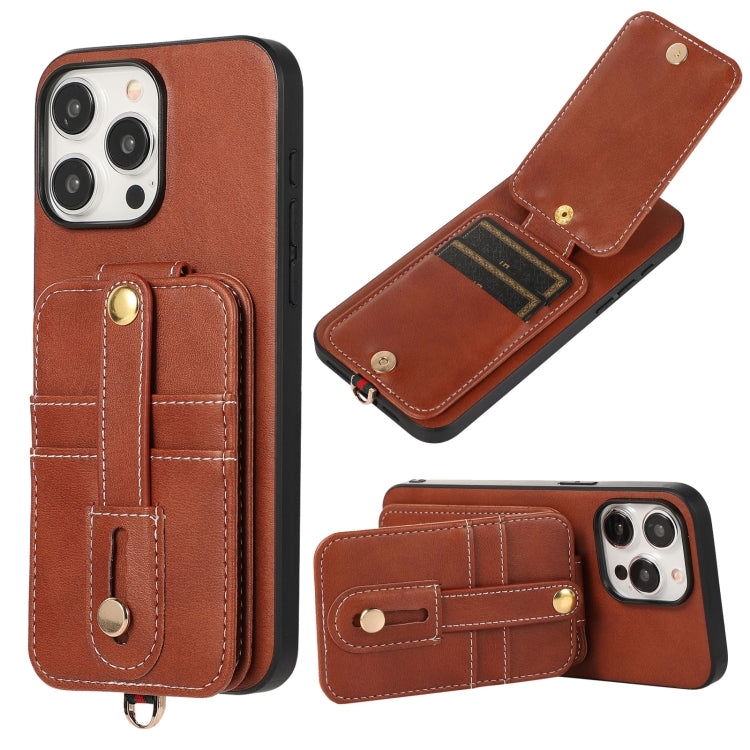 For iPhone 15 Pro Max 02 RFID Card Bag Cowhide Texture PU Phone Case(Brown) - iPhone 15 Pro Max Cases by buy2fix | Online Shopping UK | buy2fix