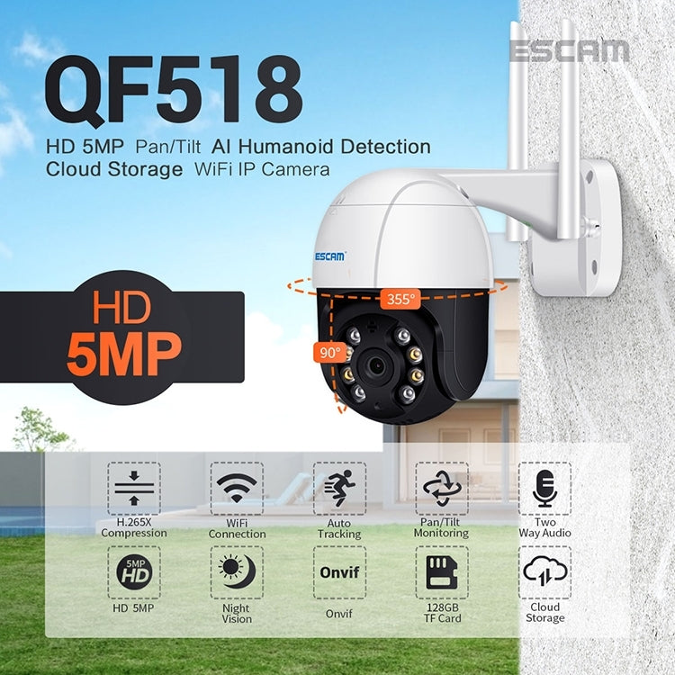 ESCAM QF518 5MP Smart WiFi IP Camera, Support AI Humanoid Detection / Auto Tracking / Dual Light Night Vision / Cloud Storage / Two Way Audio / TF Card, Plug:US Plug(White) - Dome Camera by ESCAM | Online Shopping UK | buy2fix