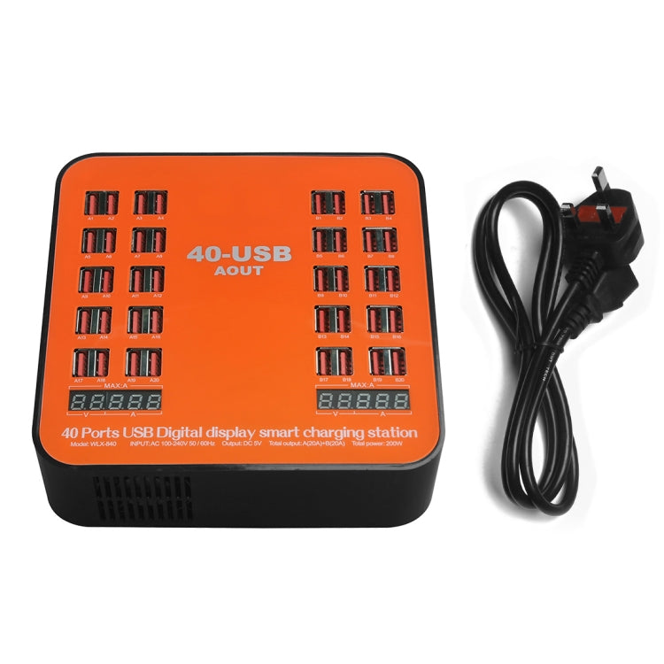 WLX-840 200W 40 Ports USB Digital Display Smart Charging Station AC100-240V, UK Plug (Black+Orange) - Multifunction Charger by buy2fix | Online Shopping UK | buy2fix