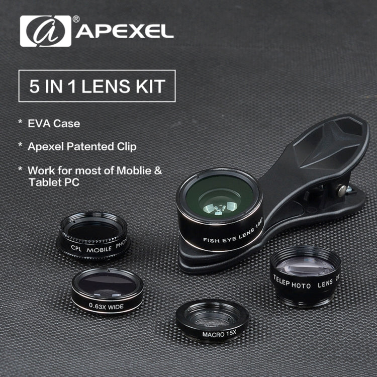 APEXEL APL-DG5 5 in 1 Universal 15X Macro Lens+0.63X Wide-angle Lens+198 Degrees Fisheye Lens+2X Telephoto Lens+CPL Lens, For iPhone, Samsung, Huawei, Xiaomi, HTC and Other Smartphones, Ultra-thin Digital Camera - Combination Lens by APEXEL | Online Shopping UK | buy2fix