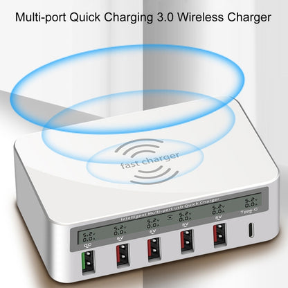 WLX-818F 6 in 1 10W QC3.0 Wireless Charging + USB-C / Type-C + 4 USB Ports Charger with Smart LCD Display Screen, EU / AU Plug - Multifunction Charger by buy2fix | Online Shopping UK | buy2fix