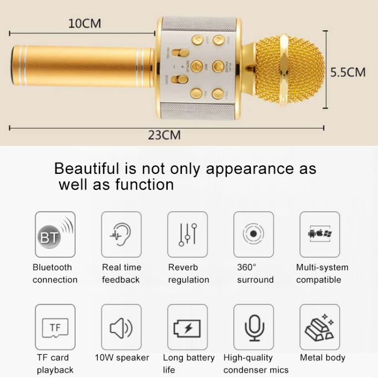 WS-858 Metal High Sound Quality Handheld KTV Karaoke Recording Bluetooth Wireless Microphone, for Notebook, PC, Speaker, Headphone, iPad, iPhone, Galaxy, Huawei, Xiaomi, LG, HTC and Other Smart Phones(Gold) - Consumer Electronics by buy2fix | Online Shopping UK | buy2fix