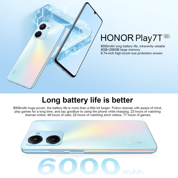 Honor Play7T RKY-AN10, 50MP Camera, 8GB+256GB, China Version, Dual Back Cameras, Side Fingerprint Identification, 6000mAh Battery, 6.74inch Magic UI 6.1 / Android 12  Dimensity 6020 Octa Core, Network: 5G, OTG, Not Support Google Play(Blue) - Honor by Huawei | Online Shopping UK | buy2fix