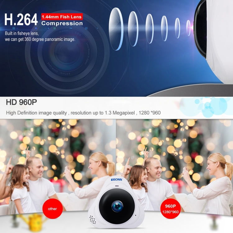 ESCAM Q8 960P 360 Degrees Fisheye Lens 1.3MP WiFi IP Camera, Support Motion Detection / Night Vision, IR Distance: 5-10m, US Plug(White) - 360 Degree Camera by ESCAM | Online Shopping UK | buy2fix