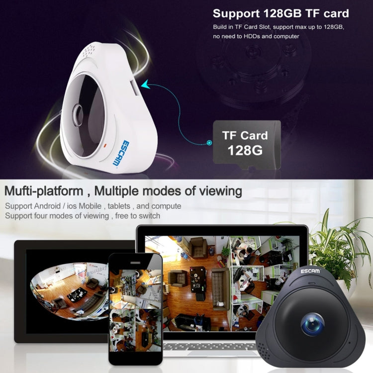 ESCAM Q8 960P 360 Degrees Fisheye Lens 1.3MP WiFi IP Camera, Support Motion Detection / Night Vision, IR Distance: 5-10m, US Plug(White) - 360 Degree Camera by ESCAM | Online Shopping UK | buy2fix