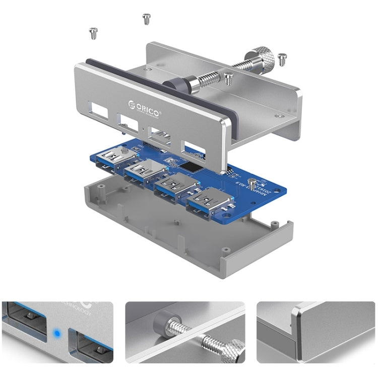 ORICO MH4PU Aluminum Alloy 4 Ports USB 3.0 Clip-type HUB with 1m USB Cable, Clip Width Range: 10-32mm - USB 3.0 HUB by ORICO | Online Shopping UK | buy2fix