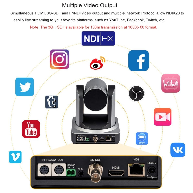 FEELWORLD NDI20X Simultaneous 20X Optical Zoom Live Streaming PTZ Camera, EU and US Plug - HD Camera by FEELWORLD | Online Shopping UK | buy2fix