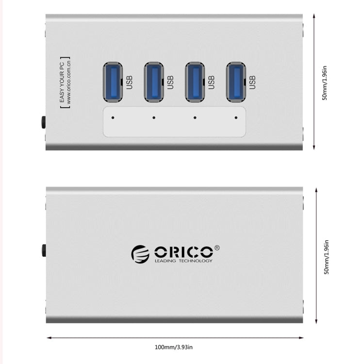 ORICO A3H4 Aluminum High Speed 4 Ports USB 3.0 HUB with 12V/2.5A Power Supply for Laptops(Silver) - USB 3.0 HUB by ORICO | Online Shopping UK | buy2fix