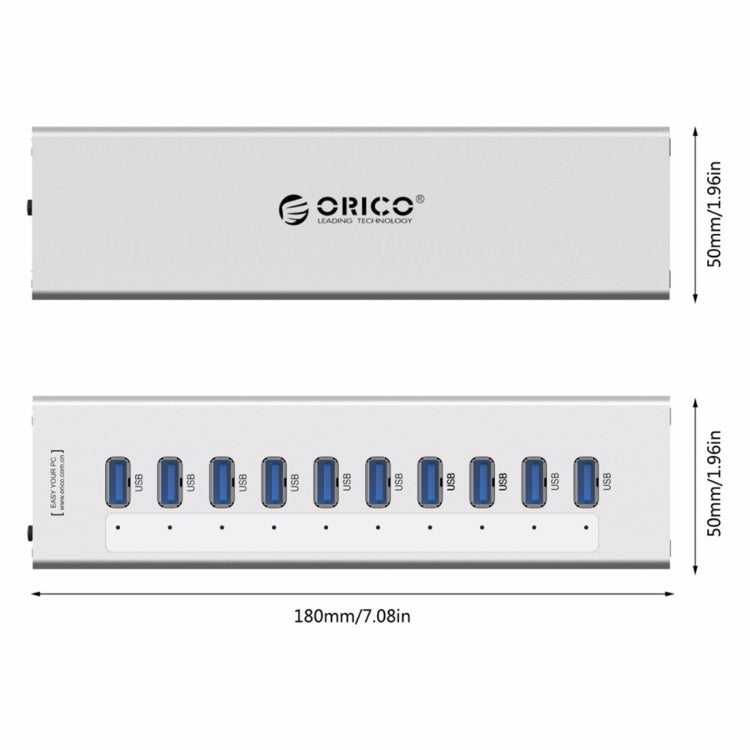 ORICO A3H10 Aluminum High Speed 10 Ports USB 3.0 HUB with Power Adapter for Laptops(Silver) - USB 3.0 HUB by ORICO | Online Shopping UK | buy2fix