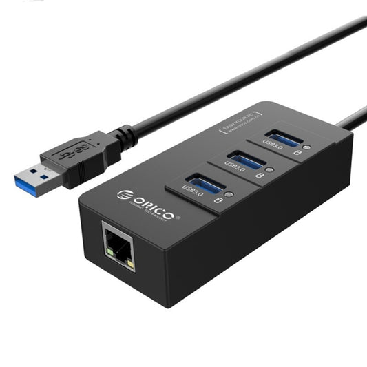 ORICO HR01-U3 ABS 3 Ports USB3.0 HUB Splitter with External RJ45 Gigabit Ethernet Network Card 5 Gbps for Laptops / Desktop / Ultrabook etc.(Black) - USB 3.0 HUB by ORICO | Online Shopping UK | buy2fix