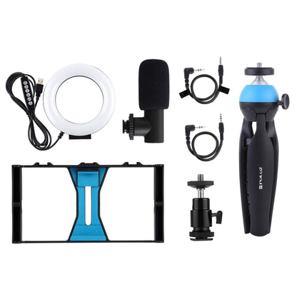 PULUZ 4 in 1 Vlogging Live Broadcast Smartphone Video Rig + 4.7 inch 12cm RGBW Ring LED Selfie Light + Microphone + Pocket Tripod Mount Kits with Cold Shoe Tripod Head(Blue) - Camera Accessories by PULUZ | Online Shopping UK | buy2fix