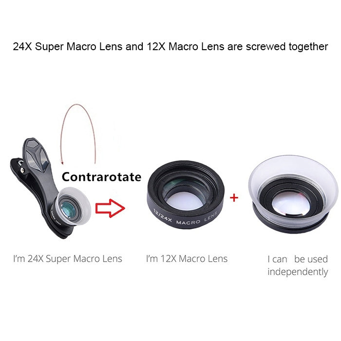 APEXEL APL-24X-H 2 in 1 Universal External 12X & 24X Macro Mobile Phone Lens with Lens Hood - Combination Lens by APEXEL | Online Shopping UK | buy2fix