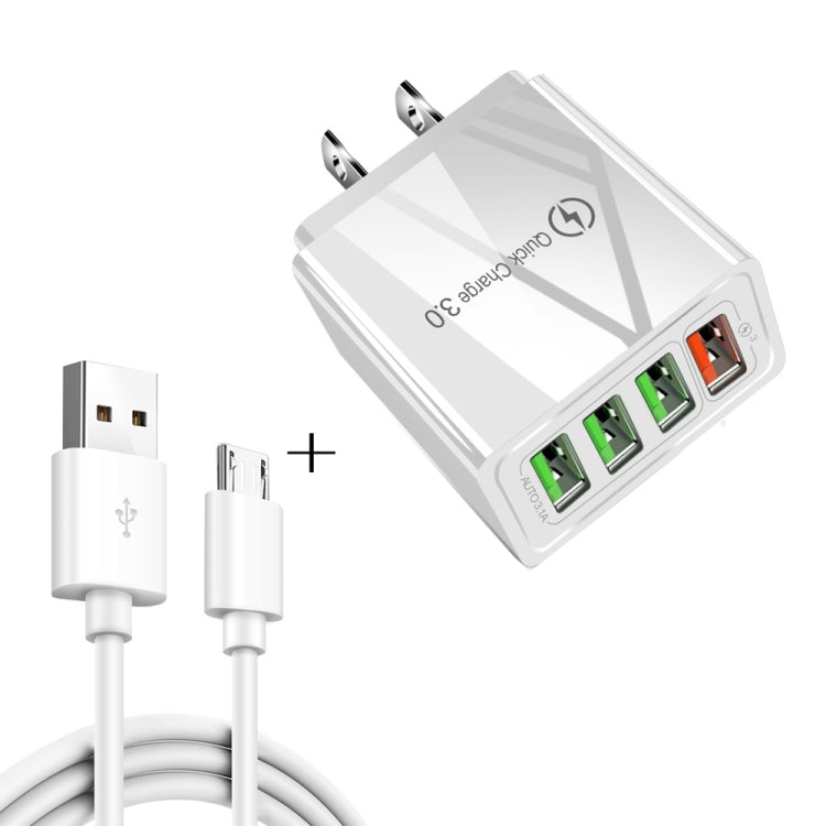 2 in 1 1m USB to Micro USB Data Cable + 30W QC 3.0 4 USB Interfaces Mobile Phone Tablet PC Universal Quick Charger Travel Charger Set, US Plug(White) - Mobile Accessories by buy2fix | Online Shopping UK | buy2fix
