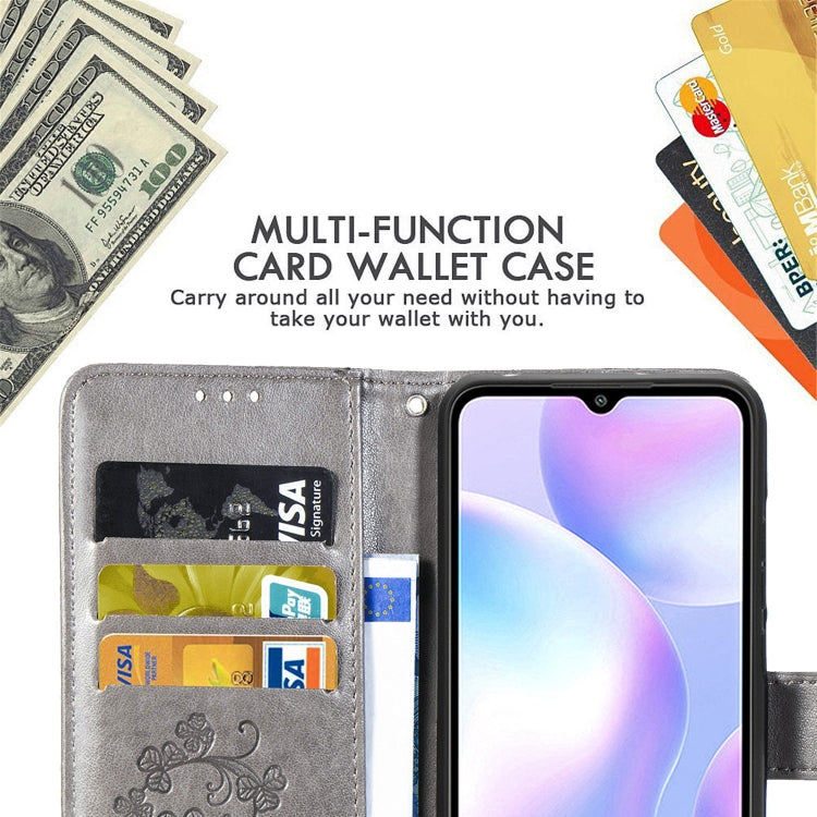 For Xiaomi Redmi 9A Four-leaf Clasp Embossed Buckle Horizontal Flip TPU + PU Leather Case with Lanyard & Card Slot & Wallet & Holder(Gray) - Xiaomi Cases by buy2fix | Online Shopping UK | buy2fix