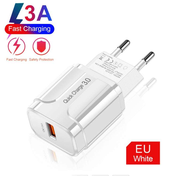 LZ-023 18W QC 3.0 USB Portable Travel Charger + 3A USB to Micro USB Data Cable, EU Plug(White) - Mobile Accessories by buy2fix | Online Shopping UK | buy2fix