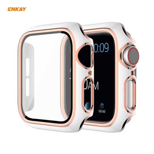 ENKAY Hat-Prince Full Coverage Electroplated PC Case + Tempered Glass Protector for Apple Watch Series 6 / 5 / 4 / SE 44mm(White+Champagne) - Watch Cases by ENKAY | Online Shopping UK | buy2fix