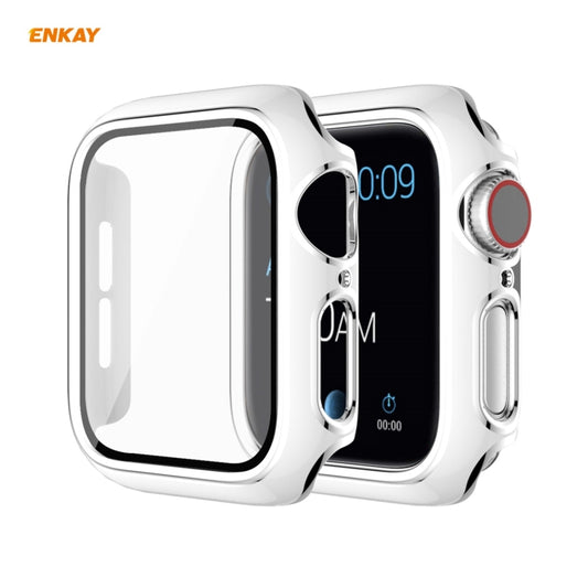 ENKAY Hat-Prince Full Coverage Electroplated PC Case + Tempered Glass Protector for Apple Watch Series 6 / 5 / 4 / SE 44mm(White+Silver) - Watch Cases by ENKAY | Online Shopping UK | buy2fix