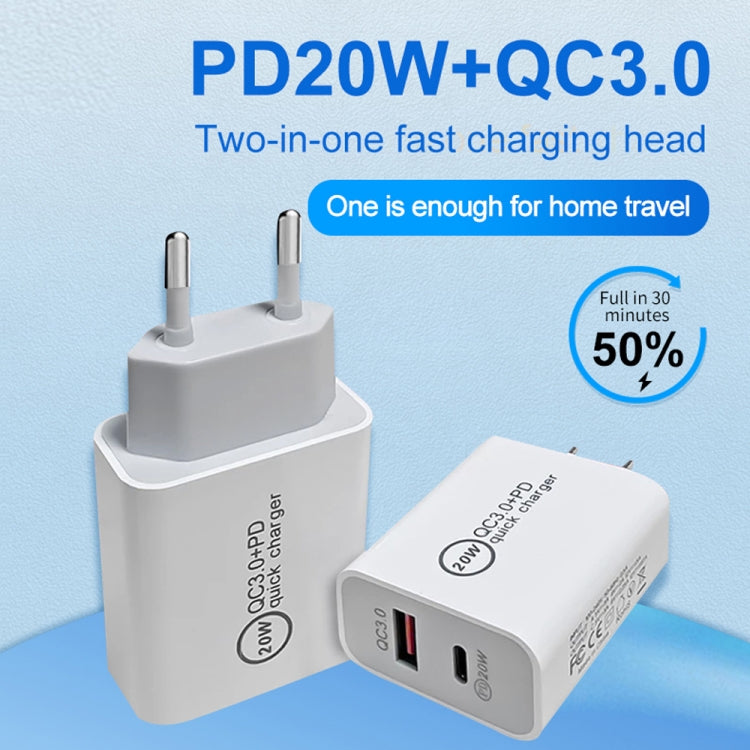 20W PD Type-C + QC 3.0 USB Interface Fast Charging Travel Charger with USB to 8 Pin Fast Charge Data Cable EU Plug - USB Charger by buy2fix | Online Shopping UK | buy2fix