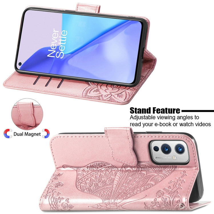 For OnePlus 9 Butterfly Love Flowers Embossed Horizontal Flip Leather Case with Holder & Card Slots & Wallet & Lanyard(Rose Gold) - OnePlus Cases by buy2fix | Online Shopping UK | buy2fix