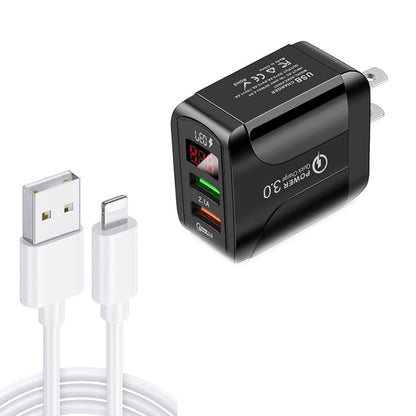 F002C QC3.0 USB + USB 2.0 LED Digital Display Fast Charger with USB to 8 Pin Data Cable, US Plug(Black) - Apple Accessories by buy2fix | Online Shopping UK | buy2fix