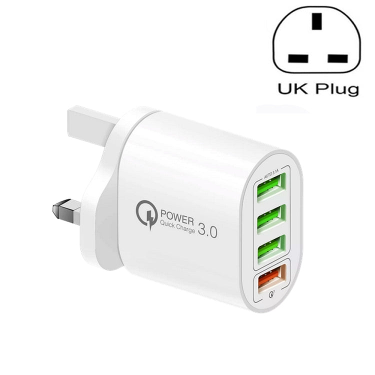 QC-04 QC3.0 + 3 x USB 2.0 Multi-ports Charger for Mobile Phone Tablet, UK Plug(White) - Mobile Accessories by buy2fix | Online Shopping UK | buy2fix